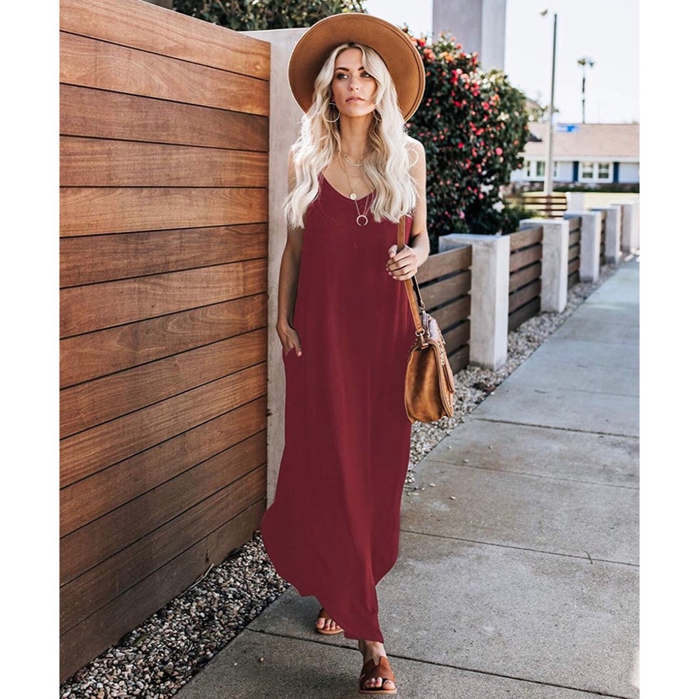 V Neck Spaghetti Strap Maxi Dress with Pockets - Picture 1 of 5